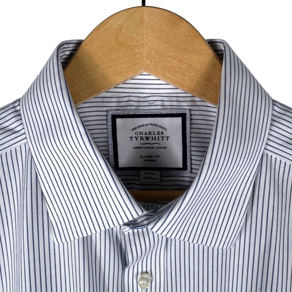 Charles Tyrwhitt Classic Fit Non-Iron Striped Dress Shirt Mens 17/34 Blue White
